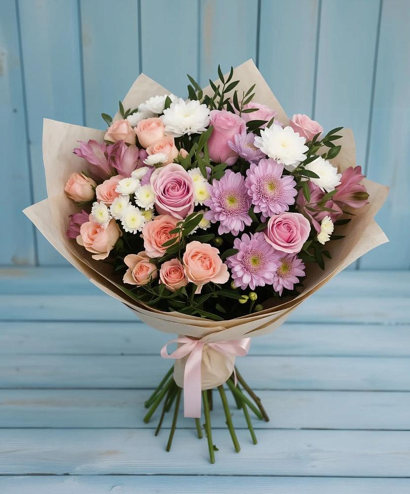 Букет цветов из: Хризантемы, Розы и Альстромерии в Новкусе-Артезиане