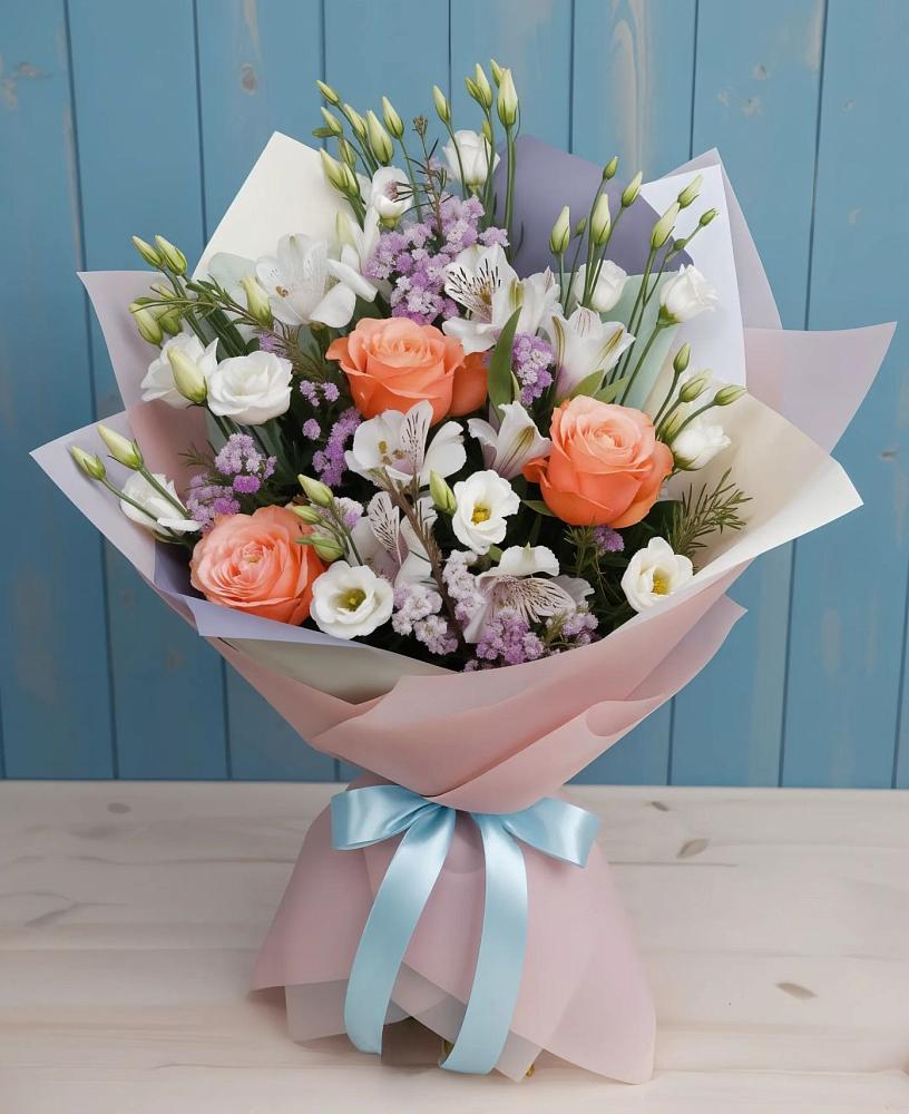 Букет цветов из: Лизиантусы, Розы, Альстромерии и Гипсофила в Новкусе-Артезиане