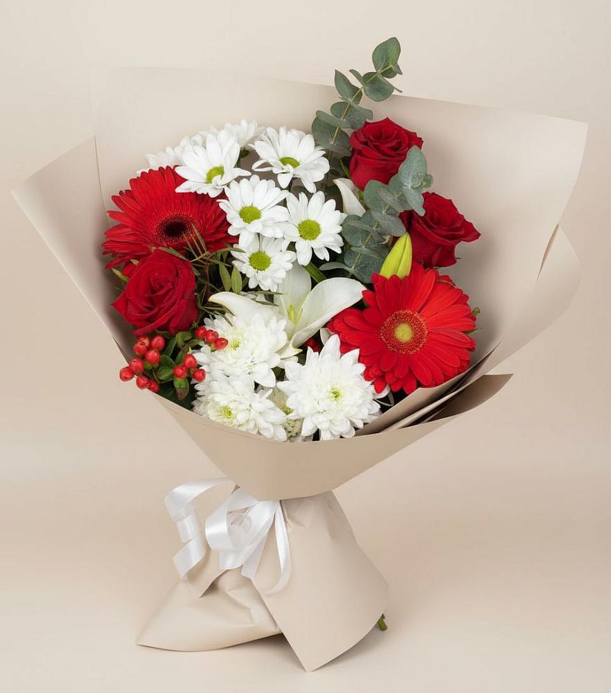 Букет цветов из: Розы, Хризантемы, Герберы и Лилии в Новкусе-Артезиане